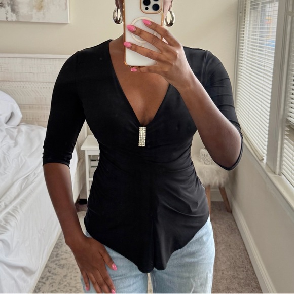 AGB Black Rhinestone Accent Ruched V-Neck Top Size Small Asymmetrical Y2K - Picture 1 of 6